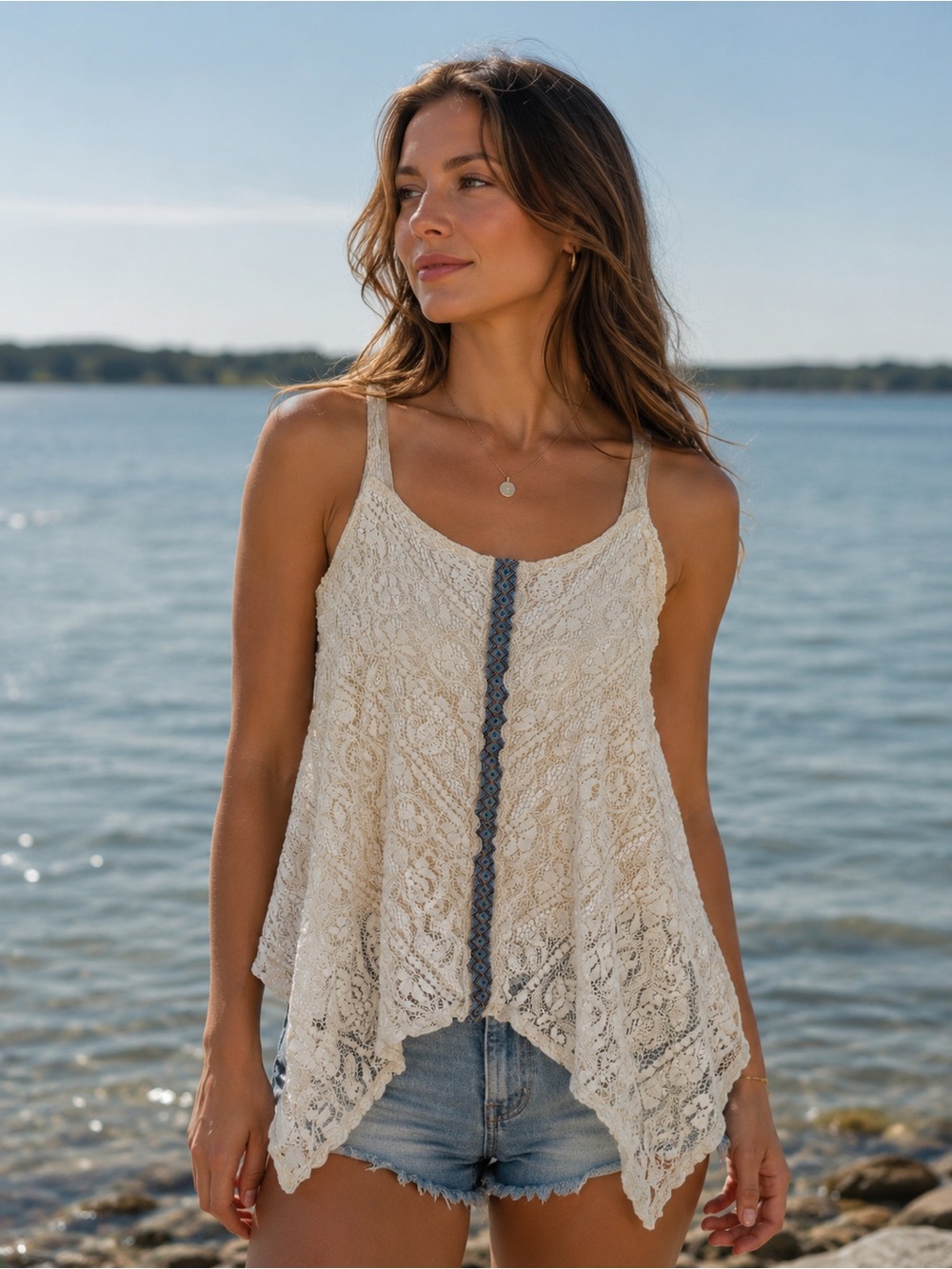 Maurices Cream Crochet Camisole with Embroidered Center Trim